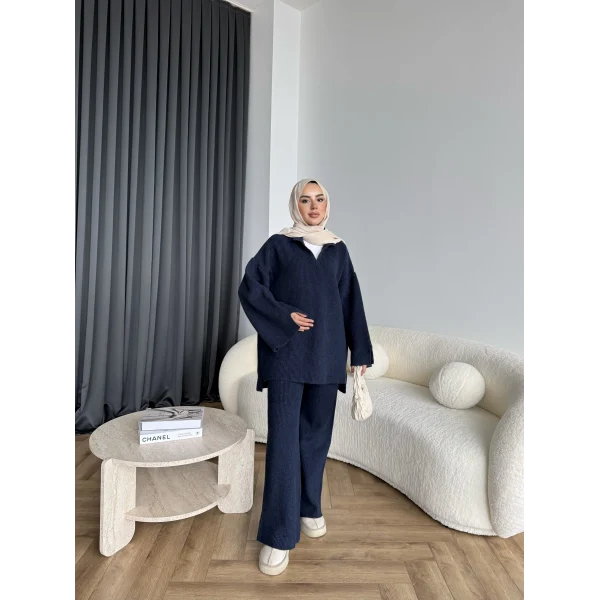 Polo Yaka Örgü Triko Takım - Lacivert