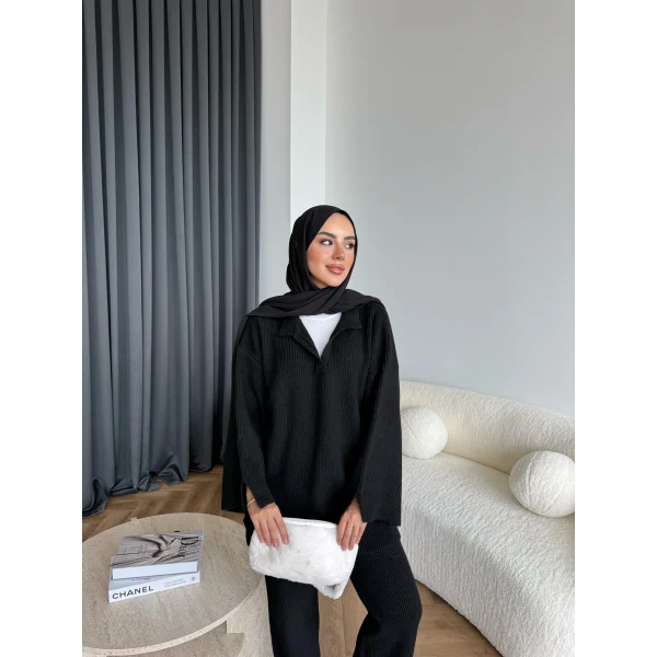 Polo Yaka Örgü Triko Takım - Siyah