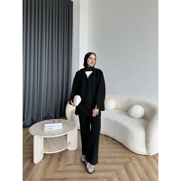 Polo Yaka Örgü Triko Takım - Siyah