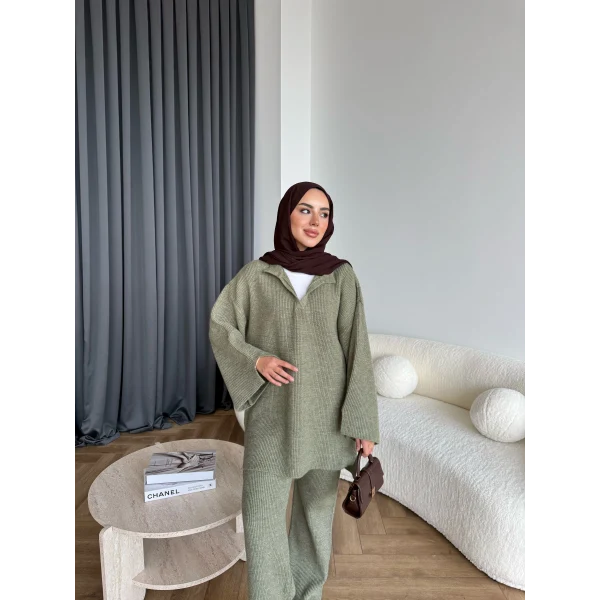 Polo Yaka Örgü Triko Takım - Yeşil