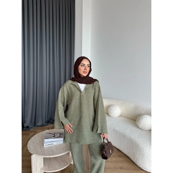 Polo Yaka Örgü Triko Takım - Yeşil