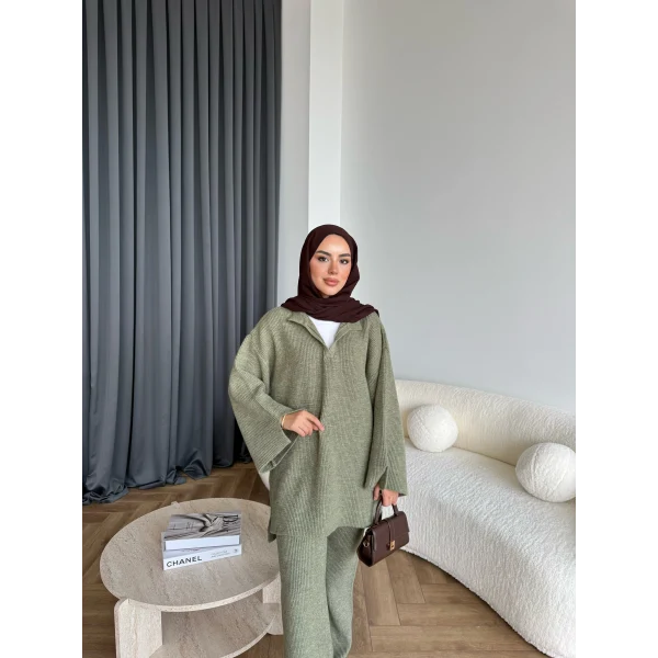 Polo Yaka Örgü Triko Takım - Yeşil