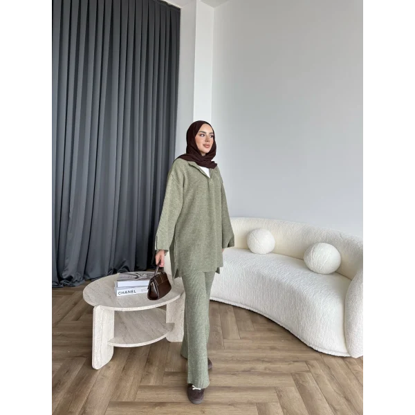 Polo Yaka Örgü Triko Takım - Yeşil