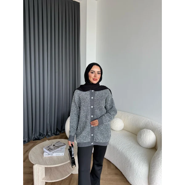 Pulia Simli Düğmeli Hırka - Gri
