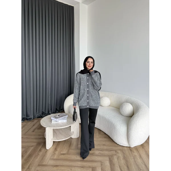 Pulia Simli Düğmeli Hırka - Gri