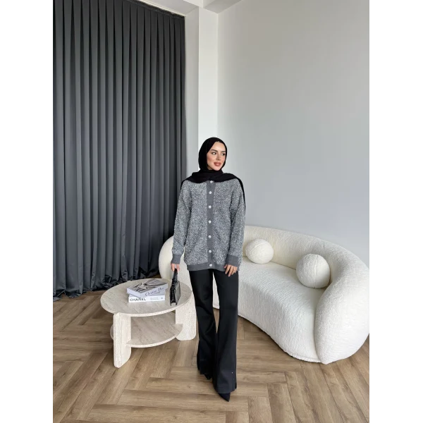 Pulia Simli Düğmeli Hırka - Gri