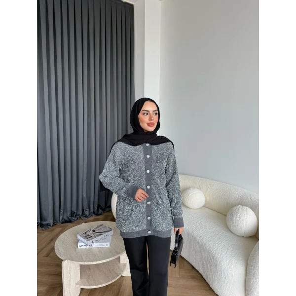 Pulia Simli Düğmeli Hırka - Gri