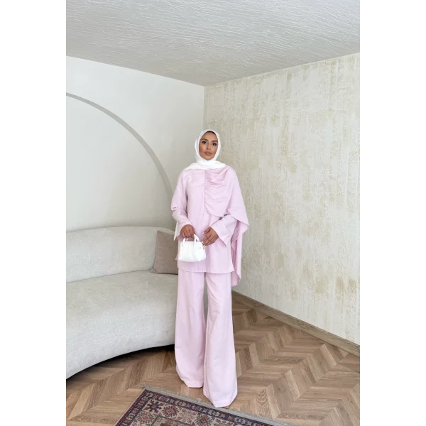 Raddan Pelerinli Keten Takım - Pembe