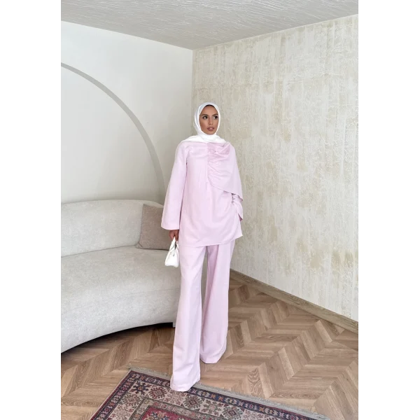 Raddan Pelerinli Keten Takım - Pembe