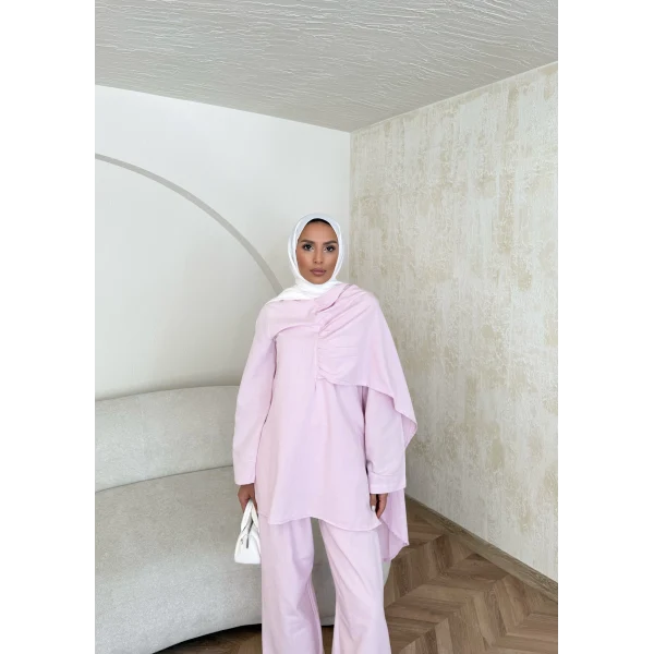 Raddan Pelerinli Keten Takım - Pembe