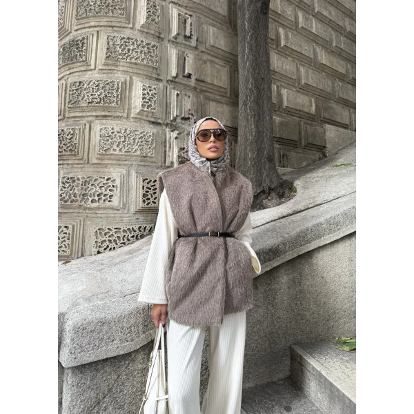Roza Tüylü Yelek - Vizon
