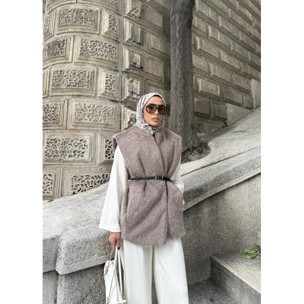 Roza Tüylü Yelek - Vizon