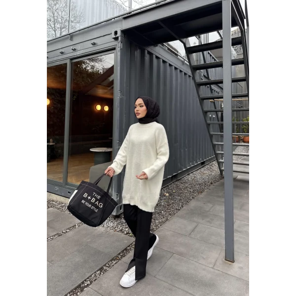 Sakallı Triko Tunik Kazak - Beyaz