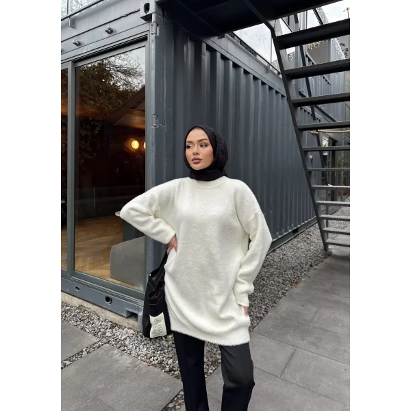 Sakallı Triko Tunik Kazak - Beyaz