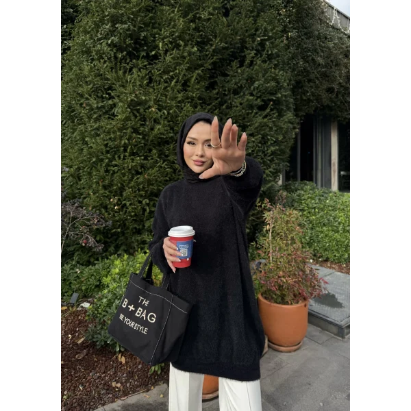 Sakallı Triko Tunik Kazak - Siyah