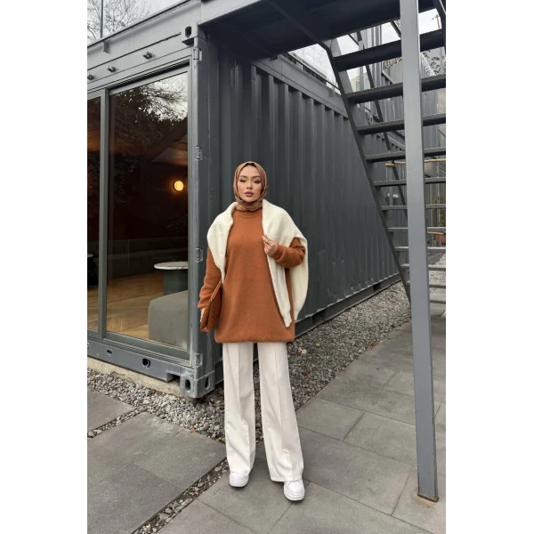 Sakallı Triko Tunik Kazak - Tarçın