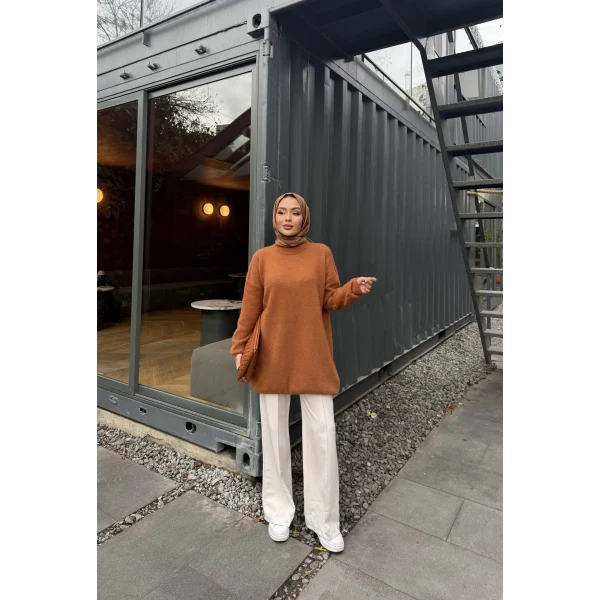 Sakallı Triko Tunik Kazak - Tarçın