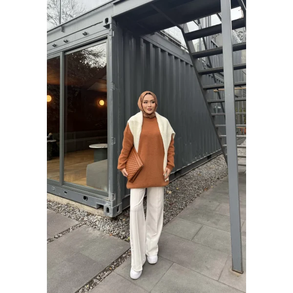 Sakallı Triko Tunik Kazak - Tarçın