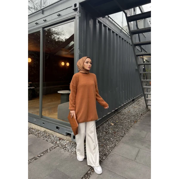 Sakallı Triko Tunik Kazak - Tarçın