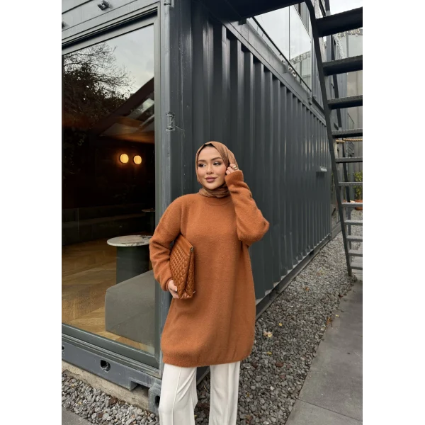 Sakallı Triko Tunik Kazak - Tarçın