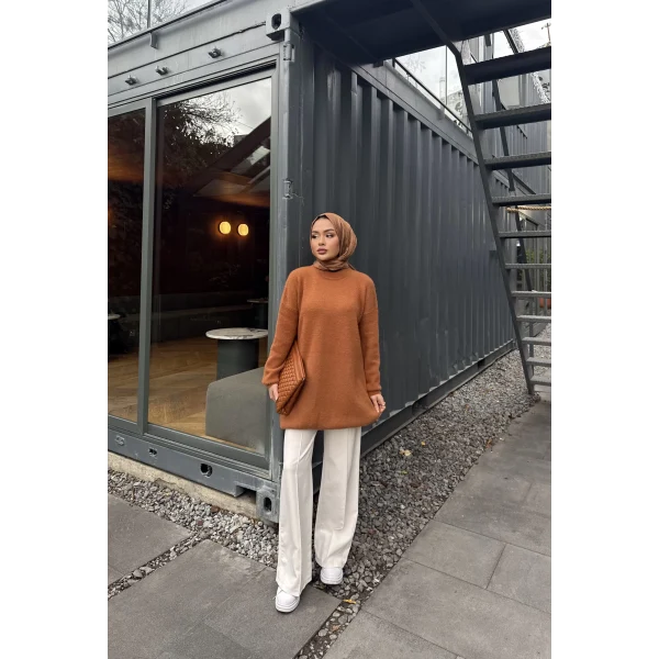 Sakallı Triko Tunik Kazak - Tarçın