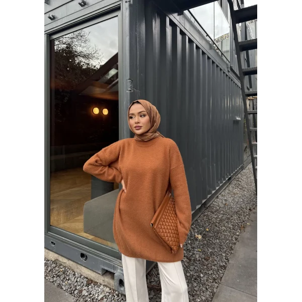 Sakallı Triko Tunik Kazak - Tarçın