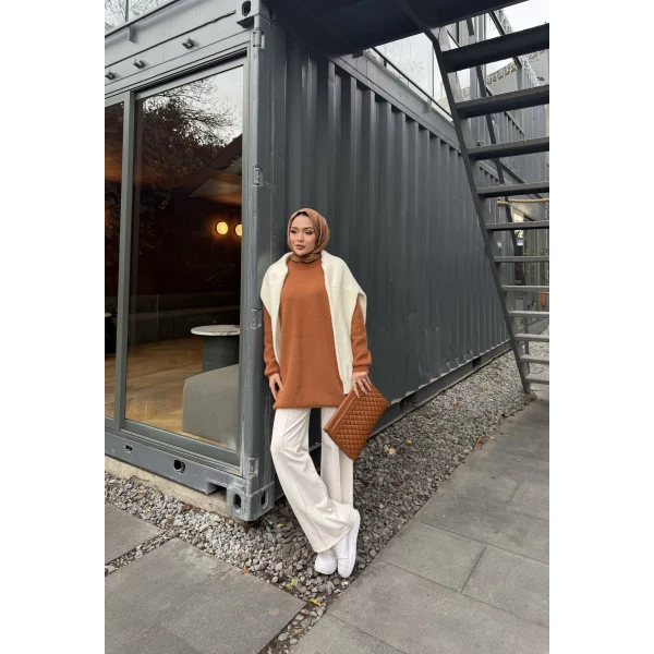 Sakallı Triko Tunik Kazak - Tarçın