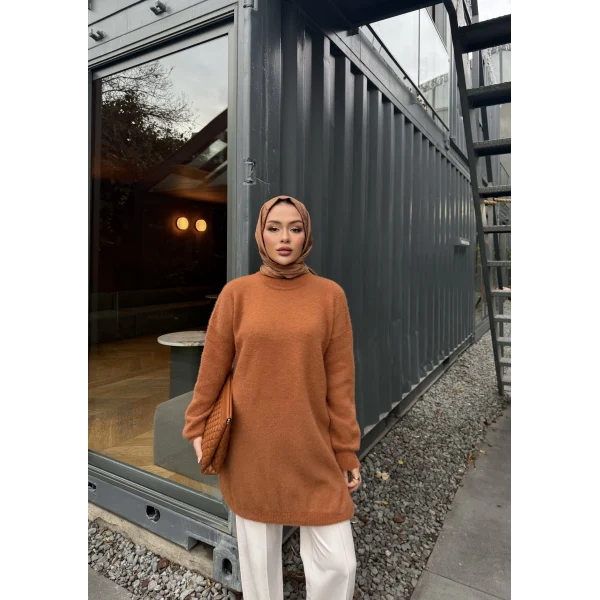 Sakallı Triko Tunik Kazak - Tarçın