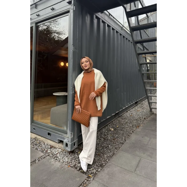 Sakallı Triko Tunik Kazak - Tarçın