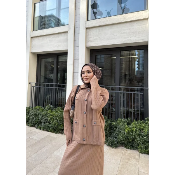 Sara Etekli Triko Takım - Camel