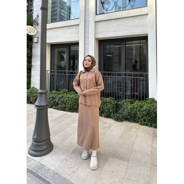 Sara Etekli Triko Takım - Camel