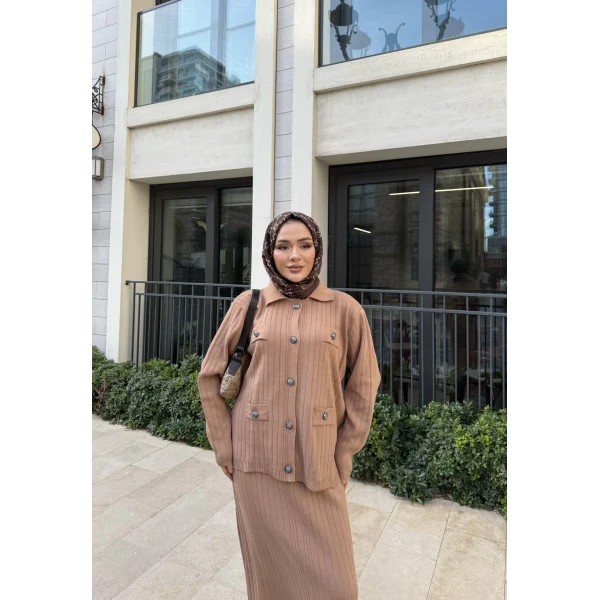 Sara Etekli Triko Takım - Camel