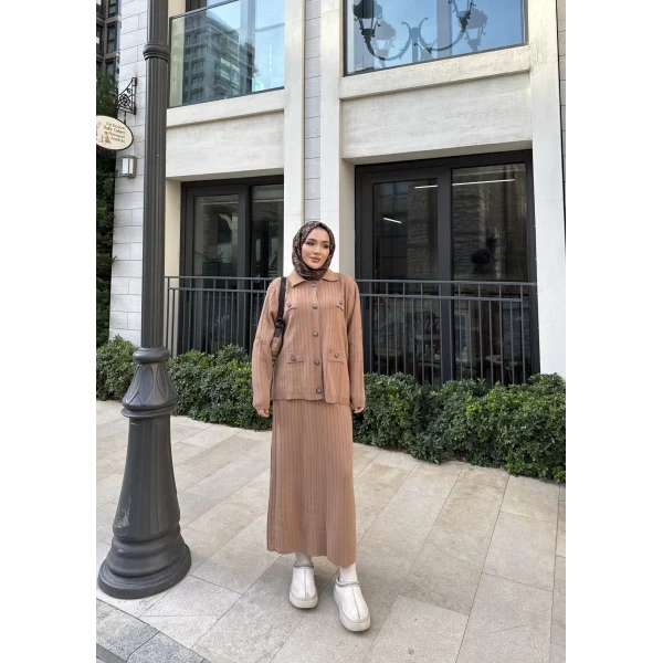 Sara Etekli Triko Takım - Camel