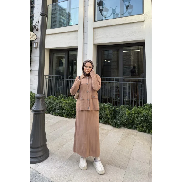 Sara Etekli Triko Takım - Camel