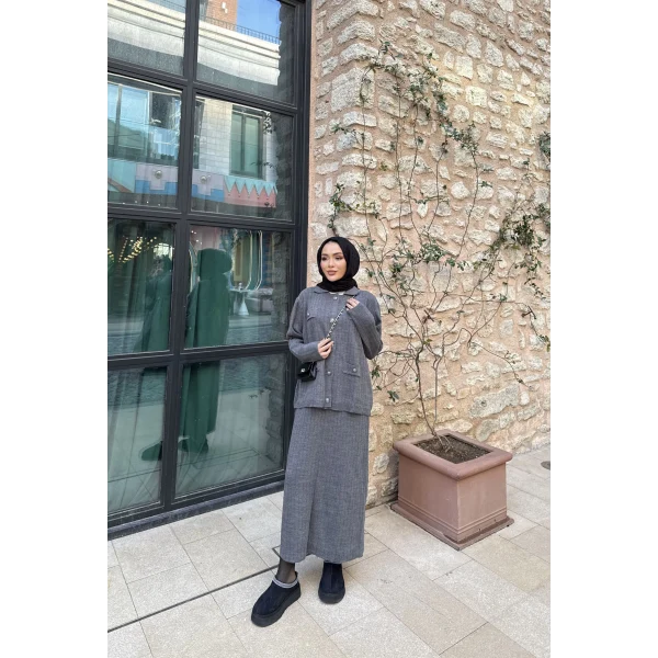 Sara Etekli Triko Takım - Gri