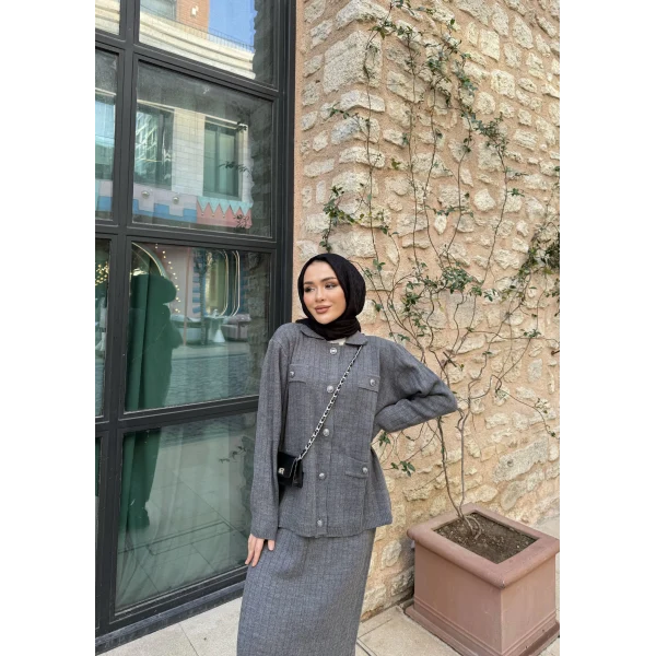 Sara Etekli Triko Takım - Gri