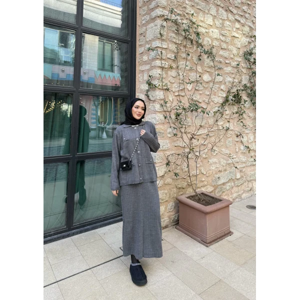 Sara Etekli Triko Takım - Gri