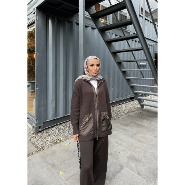 Selita Ön Fermuarlı Triko Takım - Acı Kahve