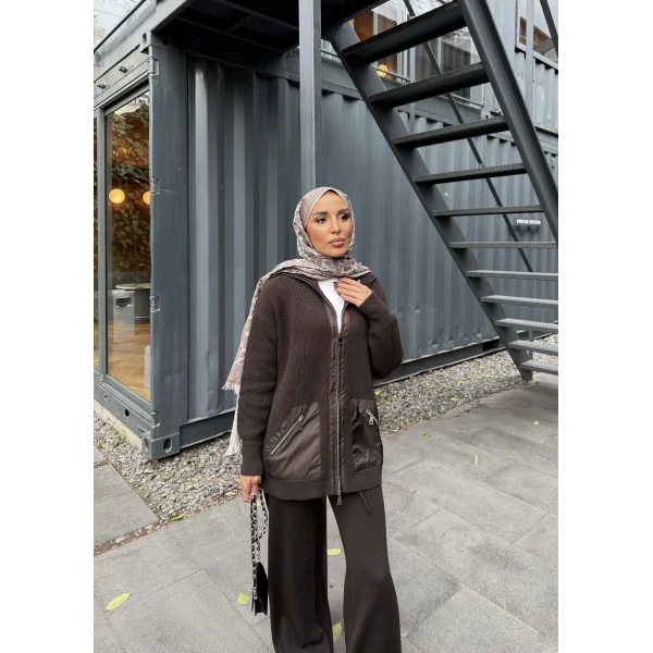 Selita Ön Fermuarlı Triko Takım - Acı Kahve