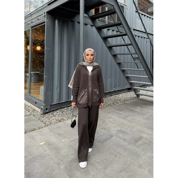 Selita Ön Fermuarlı Triko Takım - Acı Kahve