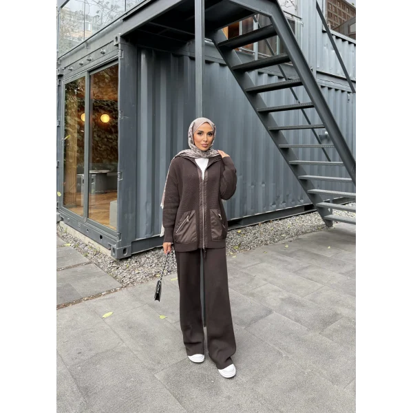 Selita Ön Fermuarlı Triko Takım - Acı Kahve