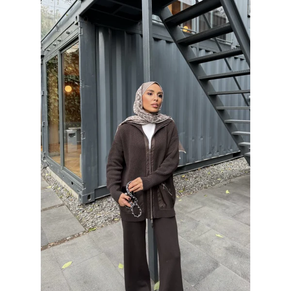 Selita Ön Fermuarlı Triko Takım - Acı Kahve