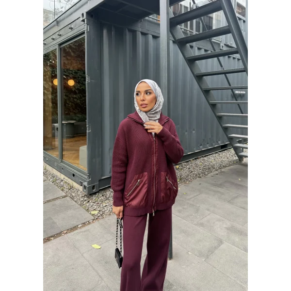 Selita Ön Fermuarlı Triko Takım - Bordo