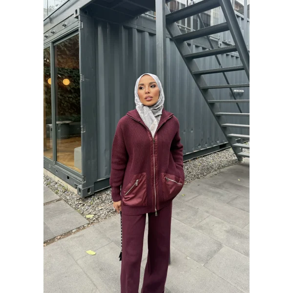 Selita Ön Fermuarlı Triko Takım - Bordo