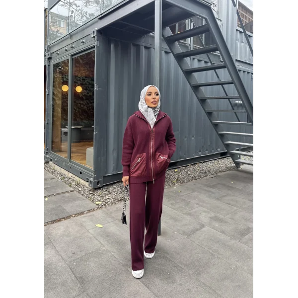 Selita Ön Fermuarlı Triko Takım - Bordo