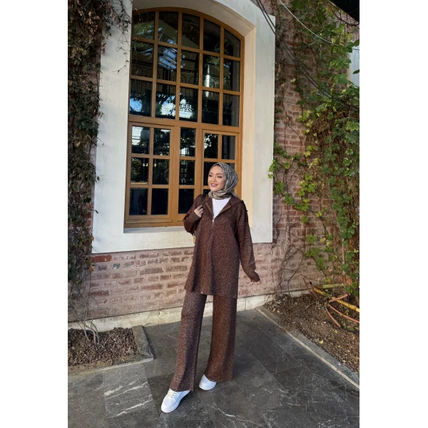 Simli Fermuarlı Triko Takım - Kahve