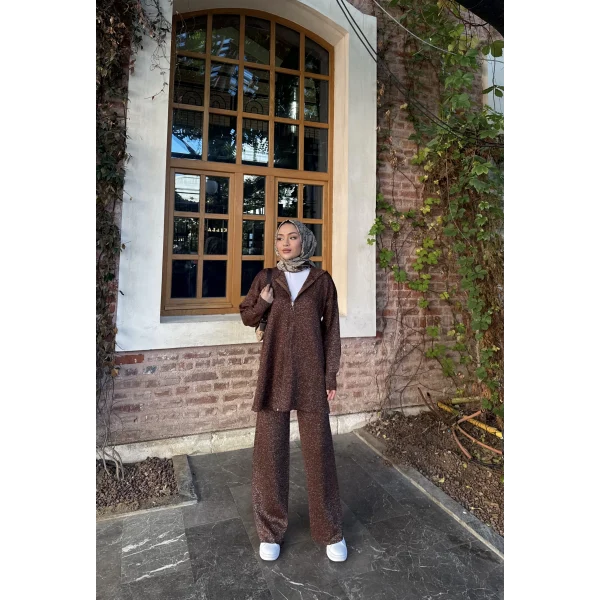 Simli Fermuarlı Triko Takım - Kahve