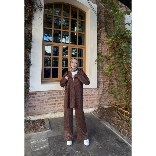 Simli Fermuarlı Triko Takım - Kahve