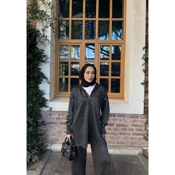 Simli Fermuarlı Triko Takım - Siyah