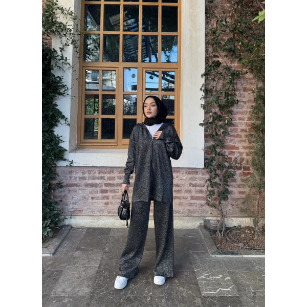 Simli Fermuarlı Triko Takım - Siyah